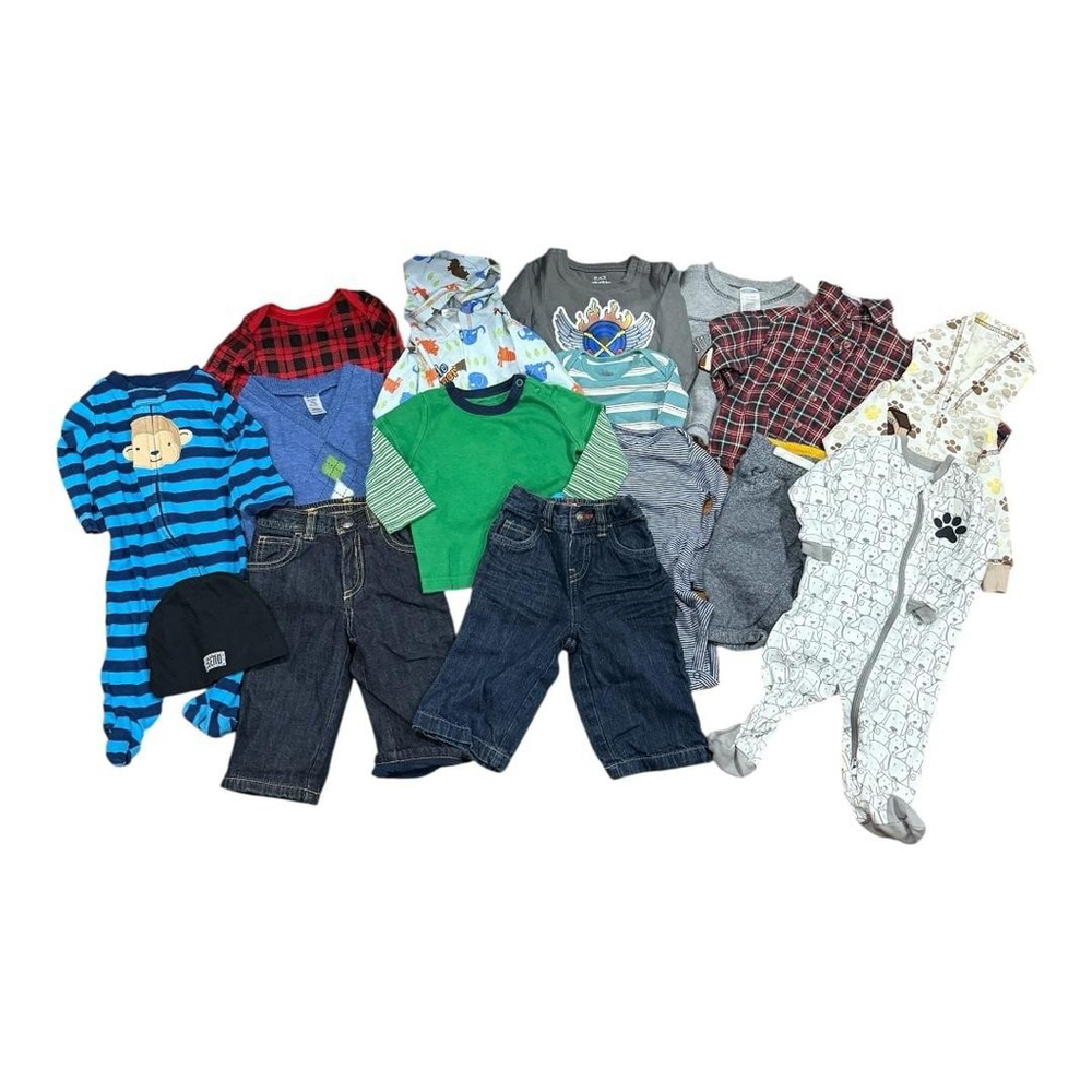 Baby Boy Clothes Lot Mixed Sizes 0-6M 16 Pc Bodysuits Pants Hoodies Pajamas